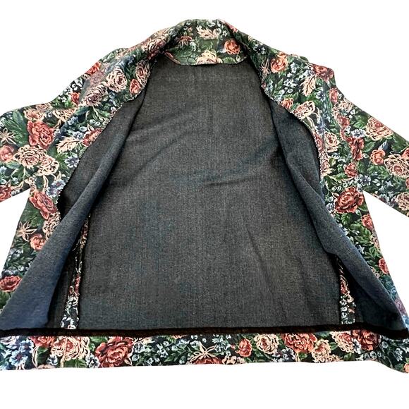 Handmade Floral Print Denim Dark Cabbage Rose Woman’s Jacket Very Good Condition - Picture 4 of 9